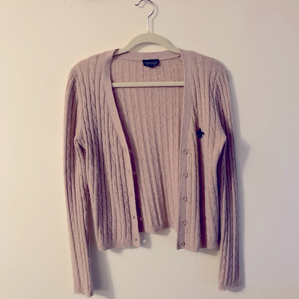 Vintage TopShop Beige Cardigan Long Sleeve Angora Blend Size 4 Preppy